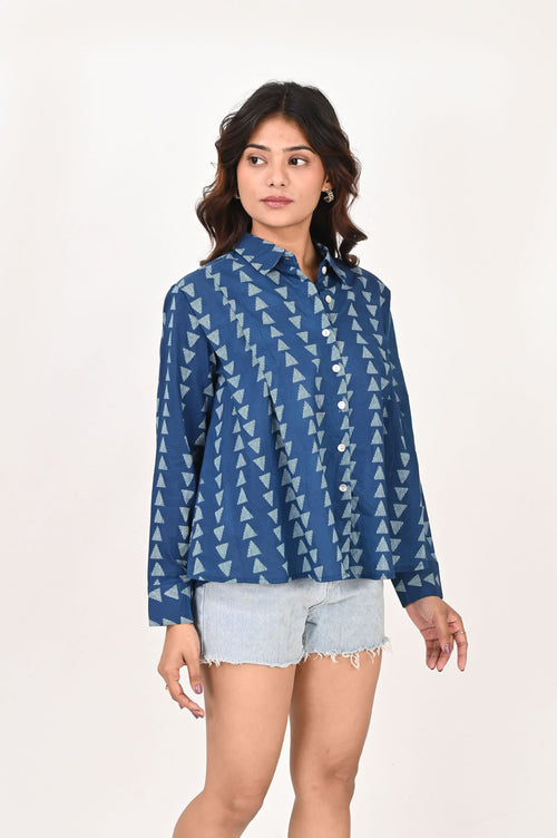 Blue Geometric Pleated Shirt women's shirt in cotton with geometric print