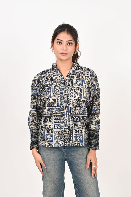 Blue Patch Printed Shirt women's tunic in cotton with geometric print
