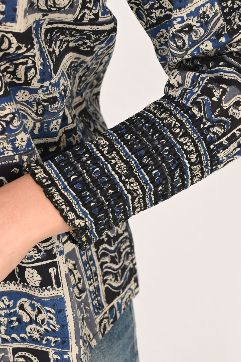 side profile of Blue Patch Printed Shirt for office and workwear available in sizes XS to 6XL, women's tunic