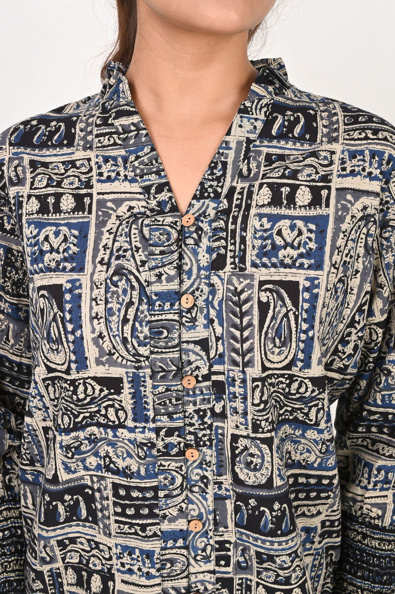 back view of Blue Patch Printed Shirt in cotton with geometric print, women's tunic