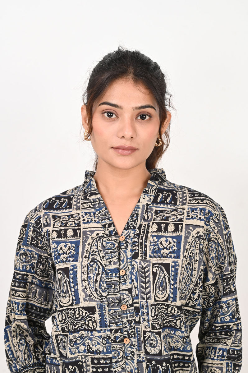 fabric detail of Blue Patch Printed Shirt with V-neck featuring button-up front, women's tunic