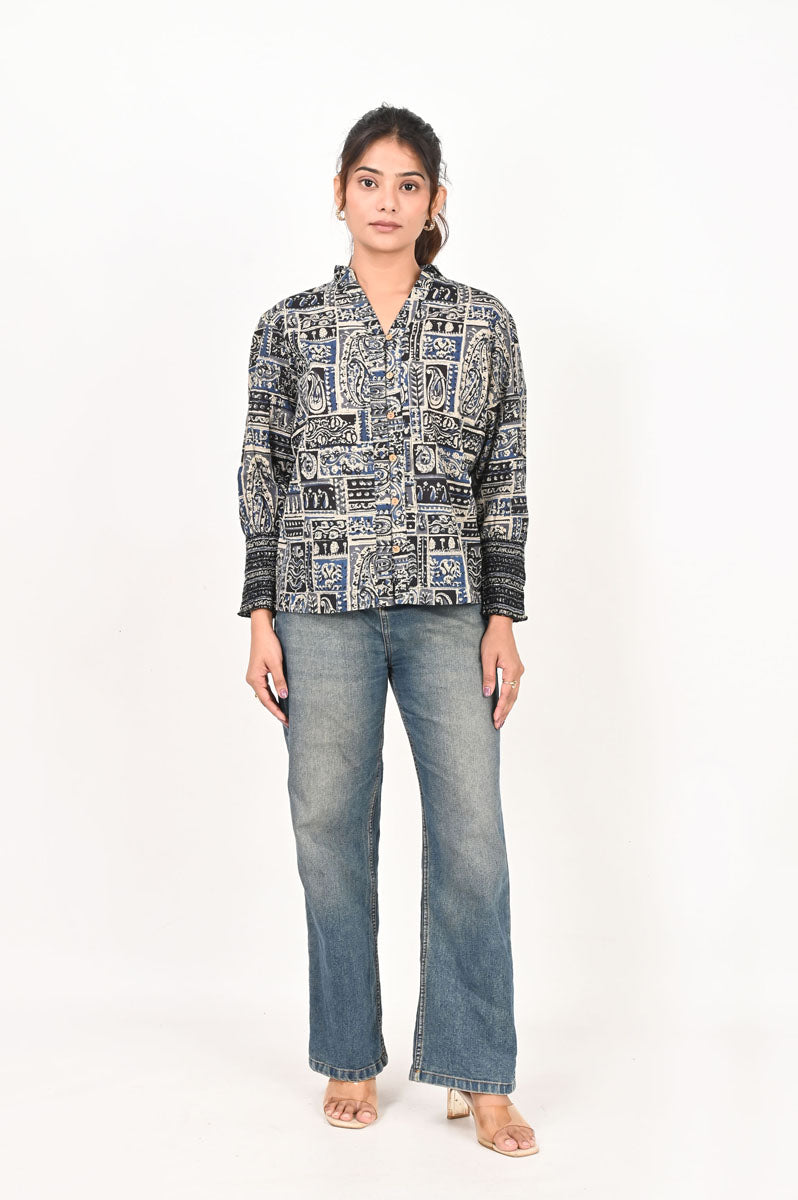neckline detail of Blue Patch Printed Shirt for office and workwear available in sizes XS to 6XL, women's tunic