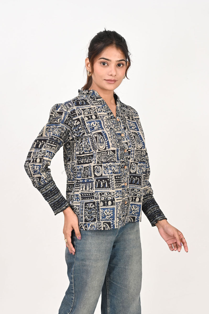 sleeve detail of Blue Patch Printed Shirt in cotton with geometric print, women's tunic