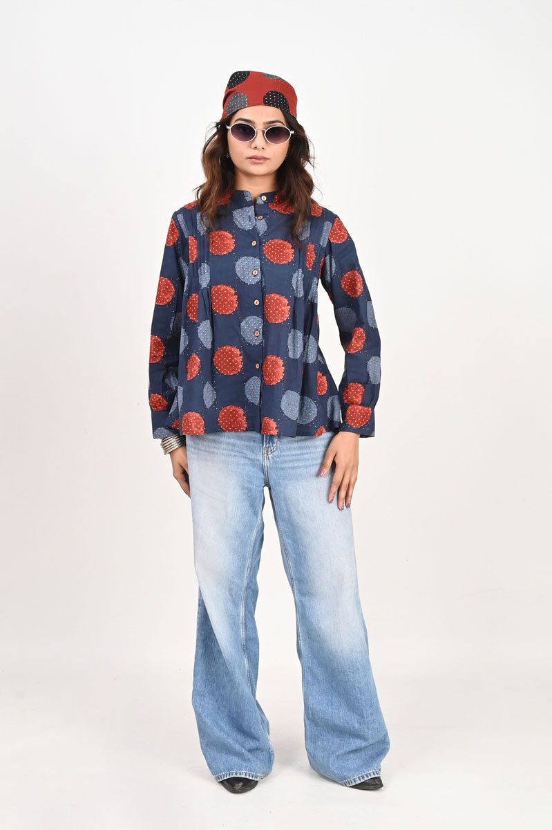 side profile of Blue Polka Pleated Shirt featuring button-up front for office and workwear, women's shirt