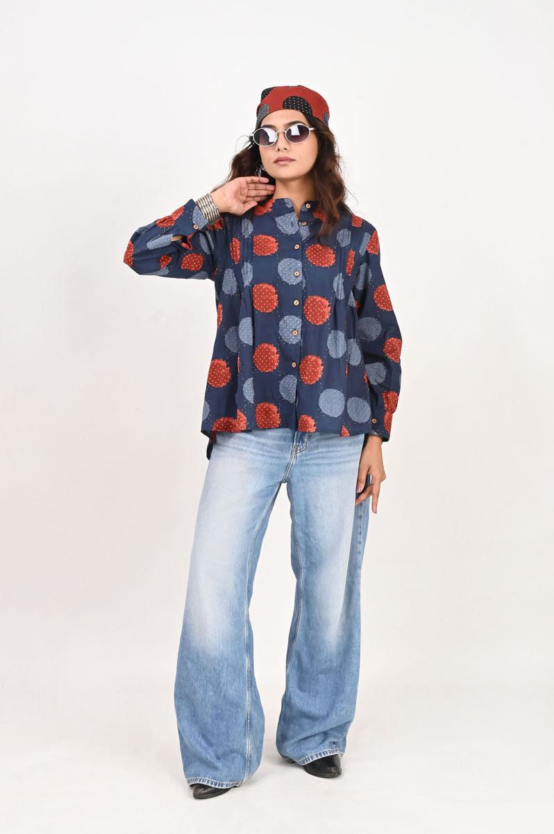 full-length view of Blue Polka Pleated Shirt with mandarin collar with full sleeve, women's shirt