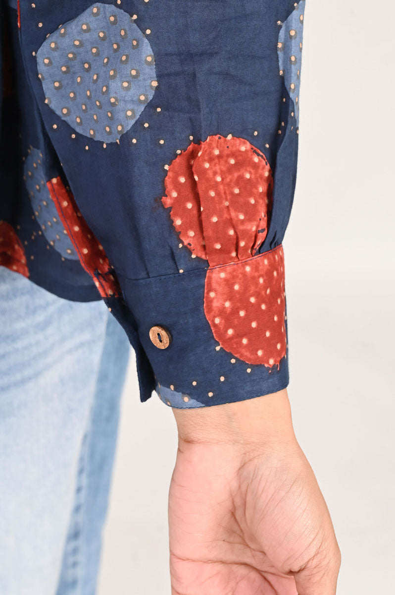 back view of Blue Polka Pleated Shirt in cotton with polka dot print, women's shirt