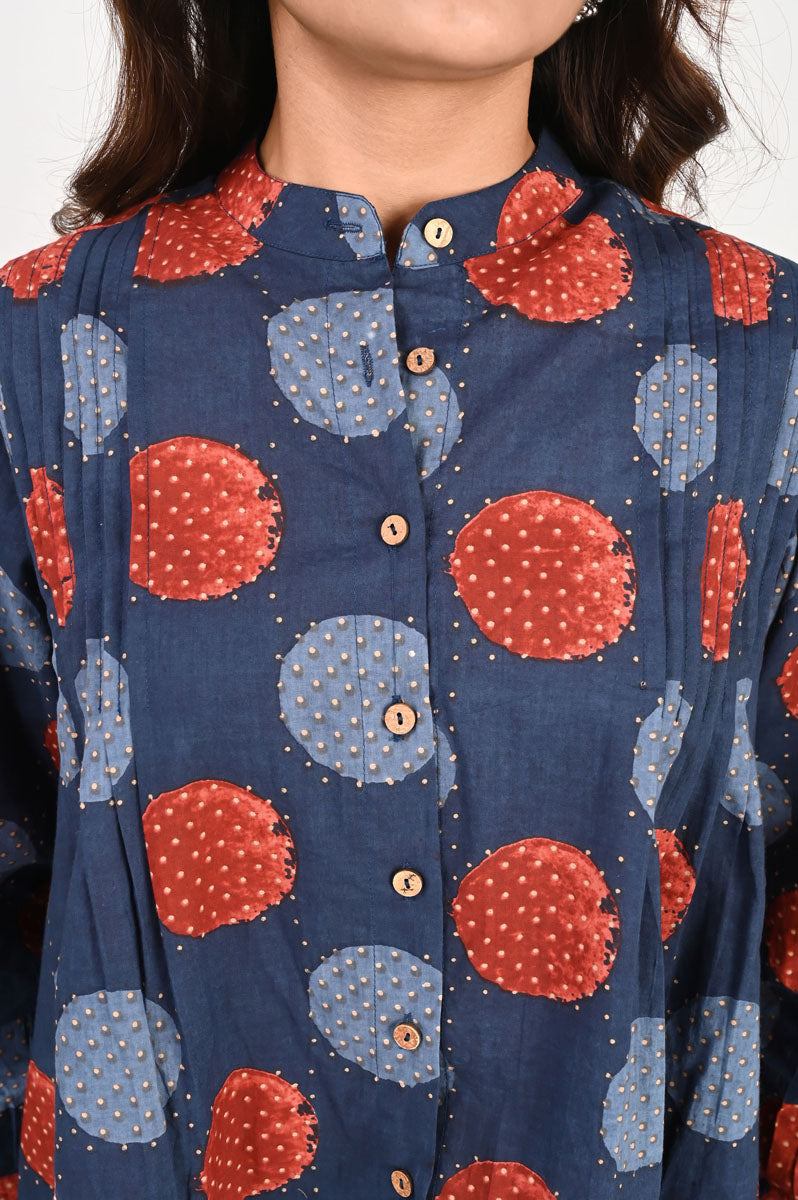 fabric detail of Blue Polka Pleated Shirt with mandarin collar with full sleeve, women's shirt