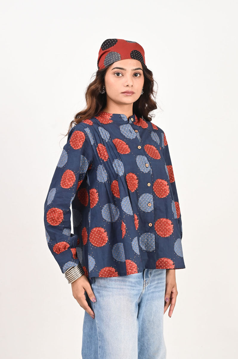 Blue Polka Pleated Shirt women's shirt in cotton with polka dot print