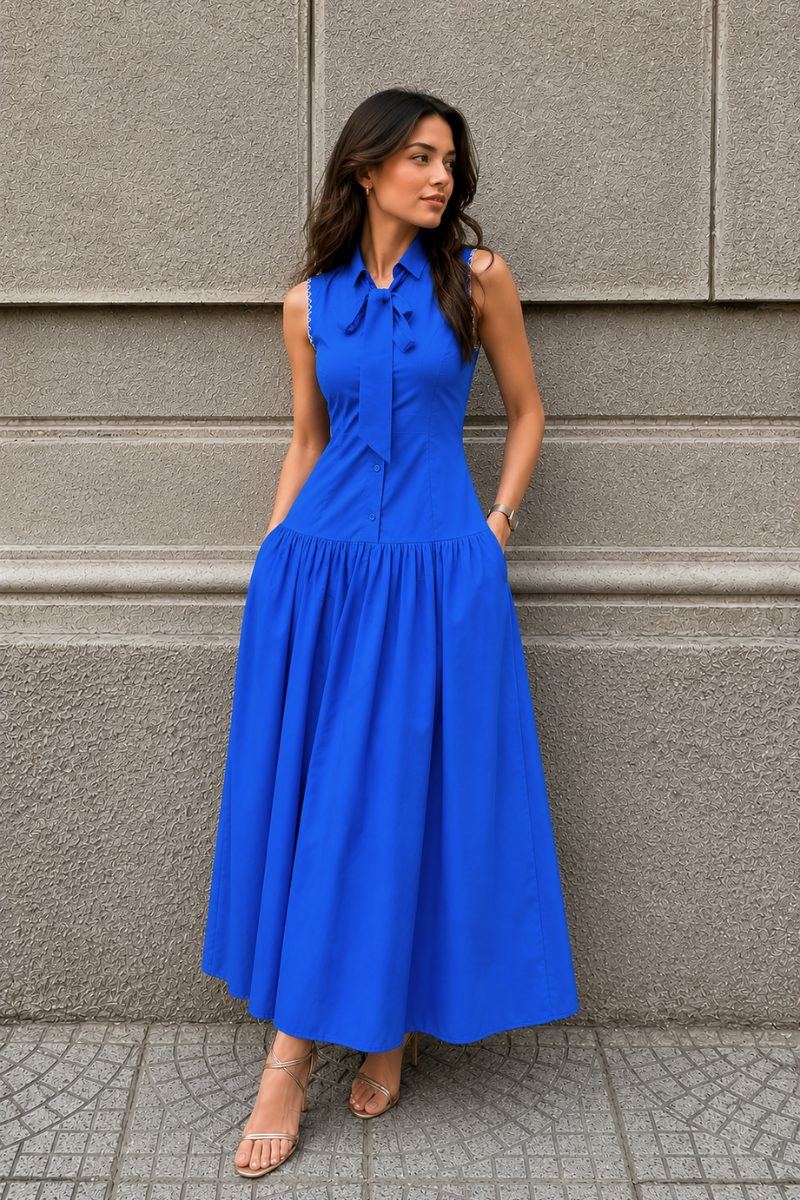 Blue Sleeveless Bow Tie Dress