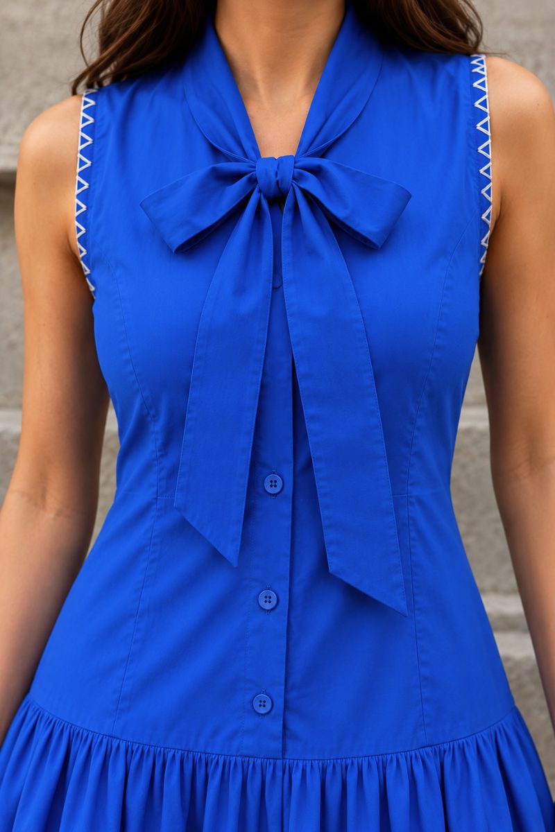 Blue Sleeveless Bow Tie Dress