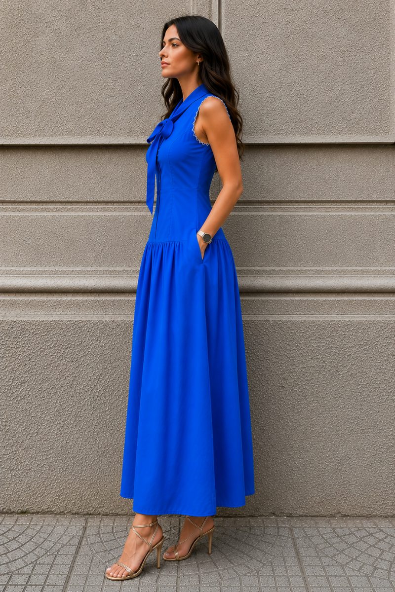 Blue Sleeveless Bow Tie Dress
