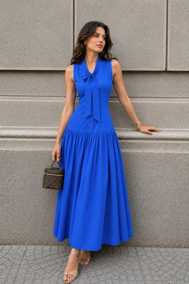 Blue Sleeveless Bow Tie Dress