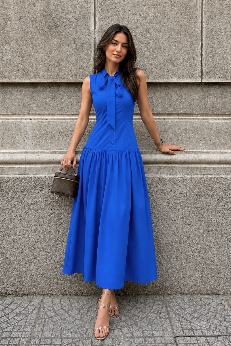 Blue Sleeveless Bow Tie Dress