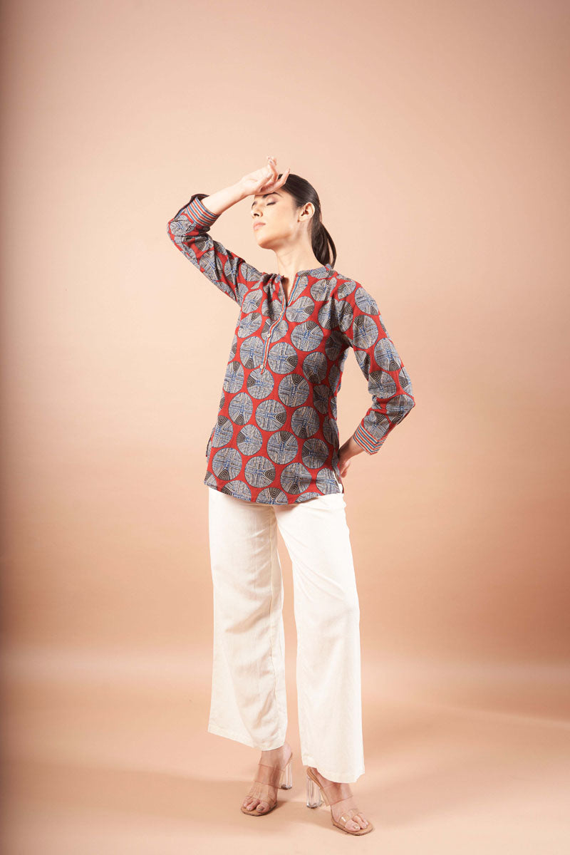 side profile of Brick Red Ajrak Top featuring sleeve cuffs for everyday wear, women's tunic