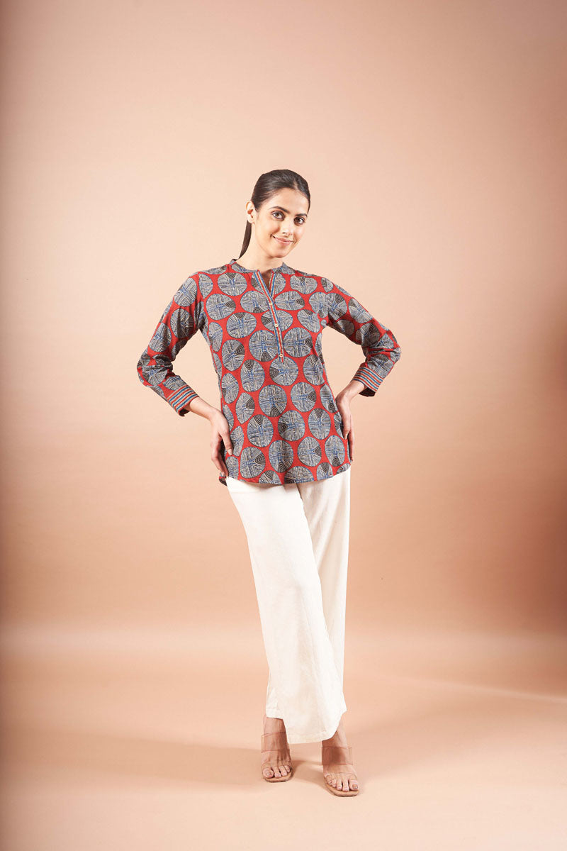back view of Brick Red Ajrak Top available in sizes XS to 6XL, women's tunic