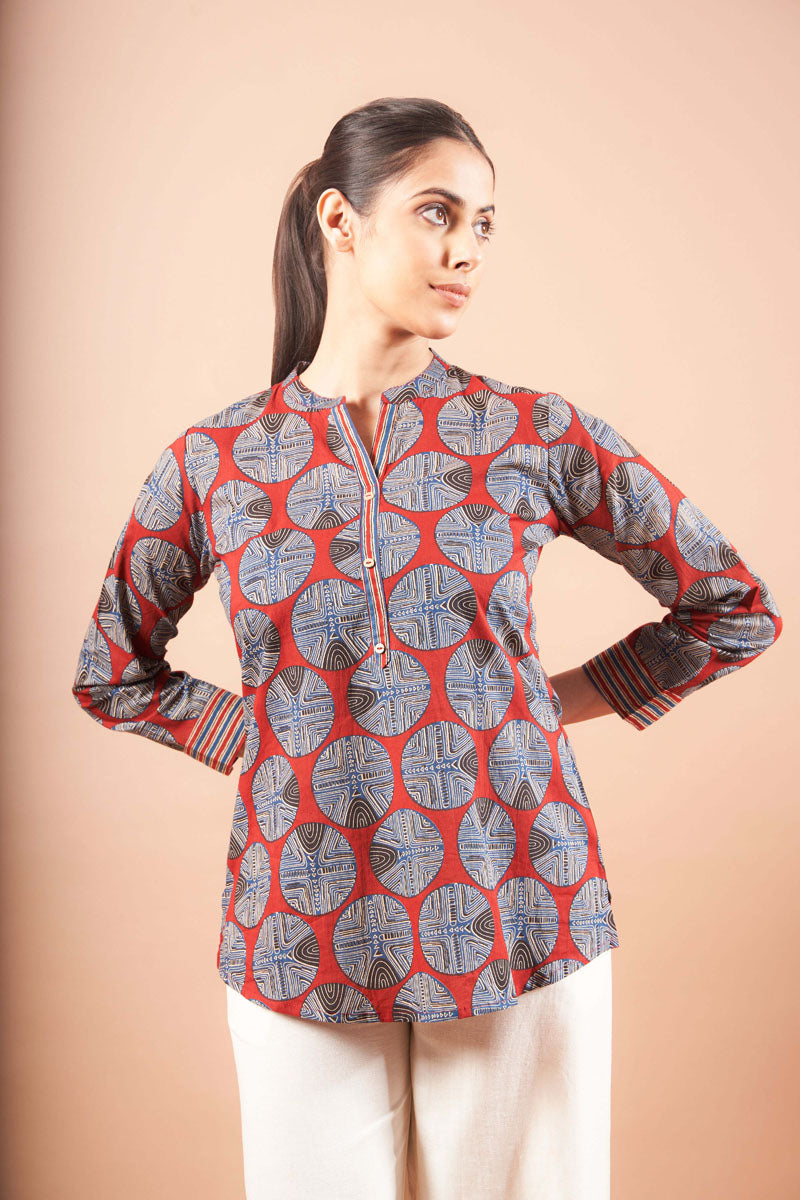 Brick Red Ajrak Top women's tunic in cotton with Ajrakh print