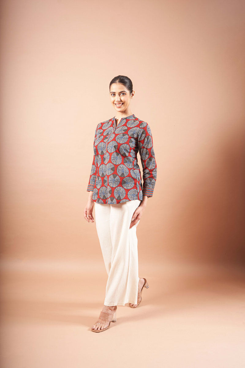 fabric detail of Brick Red Ajrak Top in cotton with Ajrakh print, women's tunic