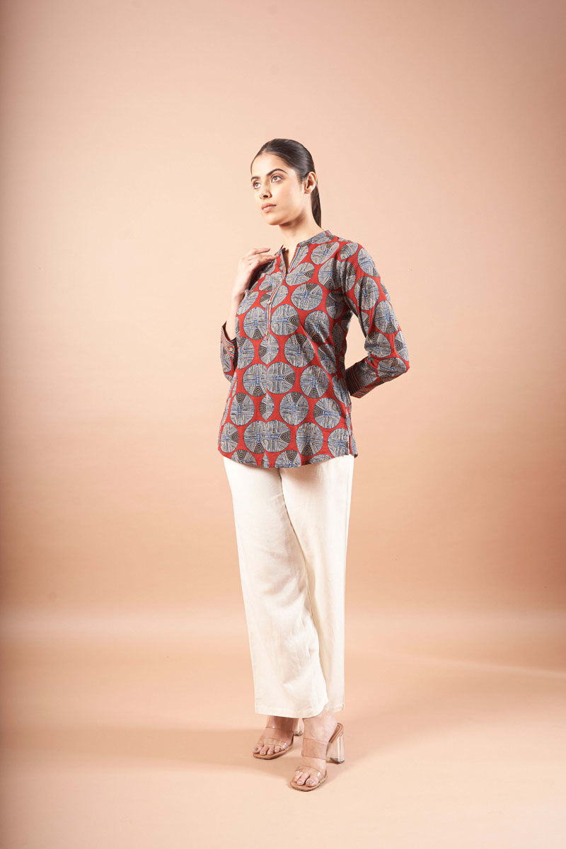neckline detail of Brick Red Ajrak Top with mandarin collar with full sleeve, women's tunic