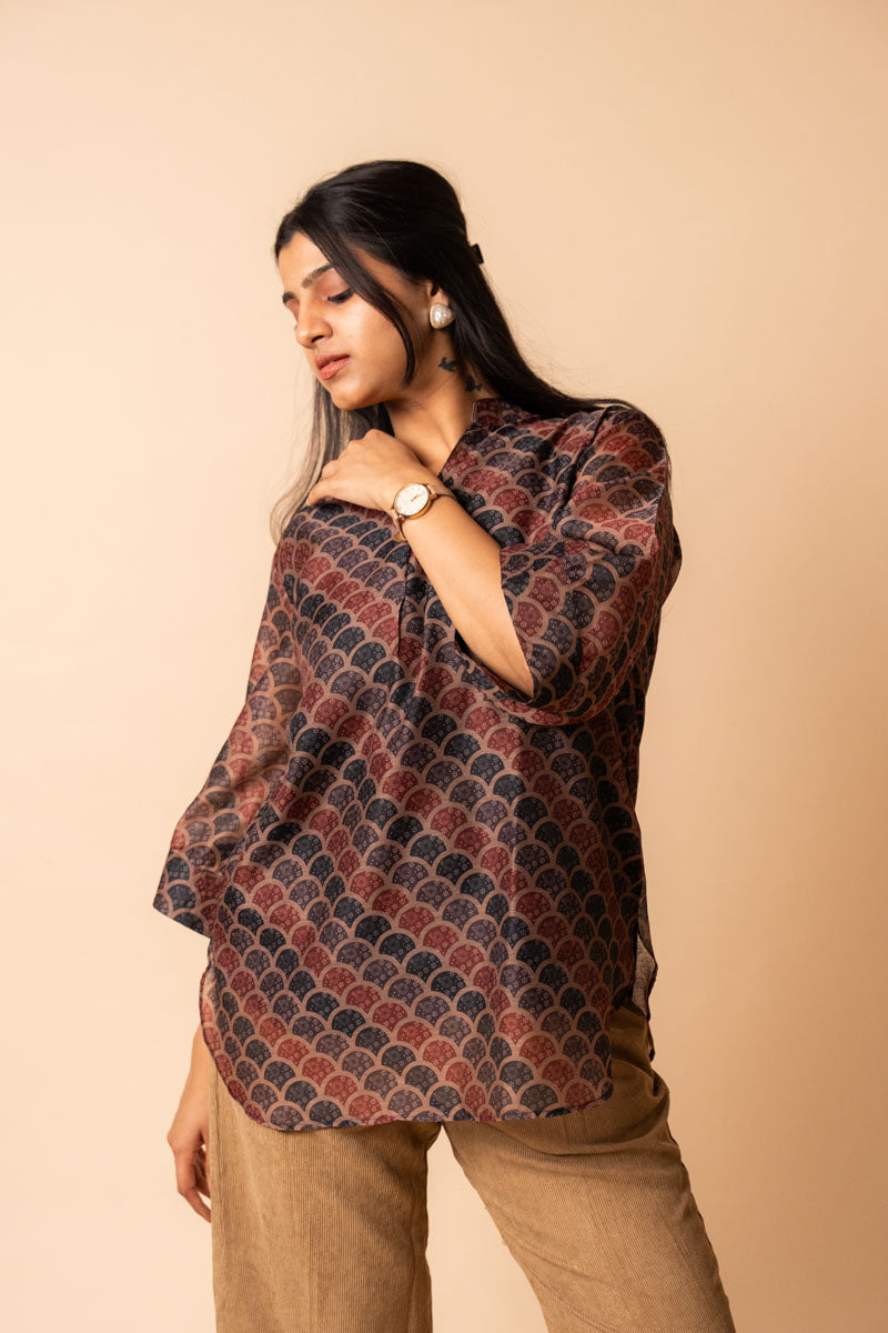 Brown Ajrakh Chanderi Cotton Top