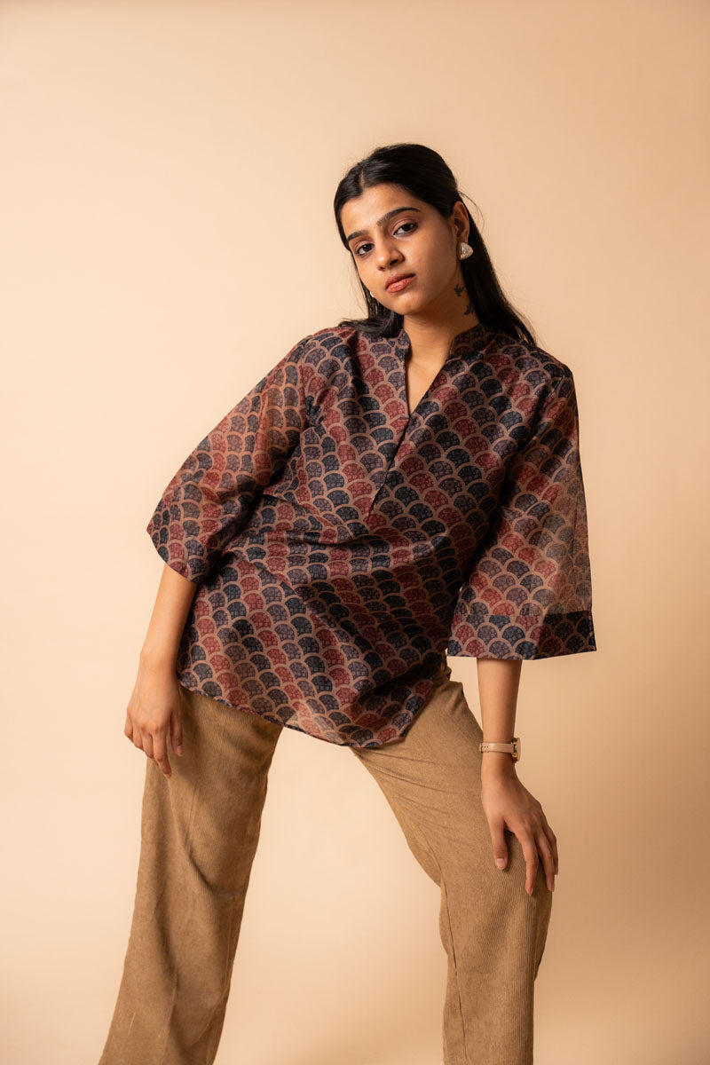 Brown Ajrakh Chanderi Cotton Top