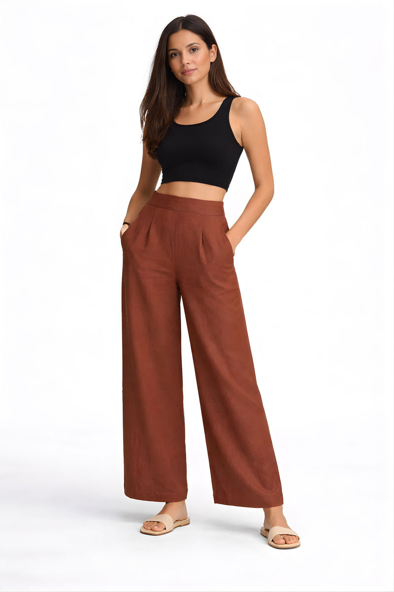 back view of Brown Wide Leg Linen Pant featuring patch pockets for office and workwear, women's wide-leg pants