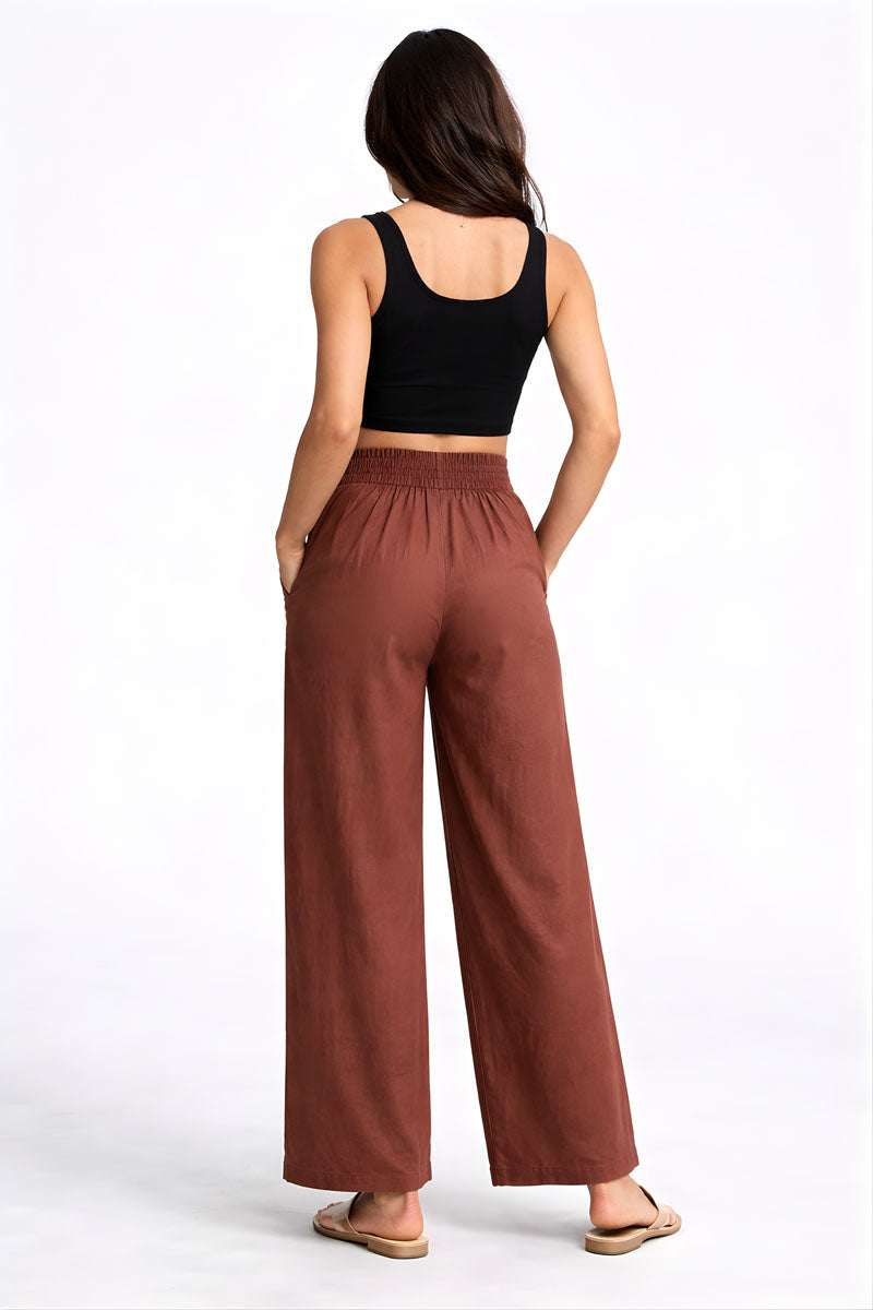 side profile of Brown Wide Leg Linen Pant in linen in a wide fit, women's wide-leg pants