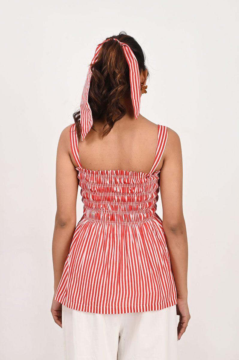 back view of Candy Veil Smocked Top in cotton with tropical print, women's tunic