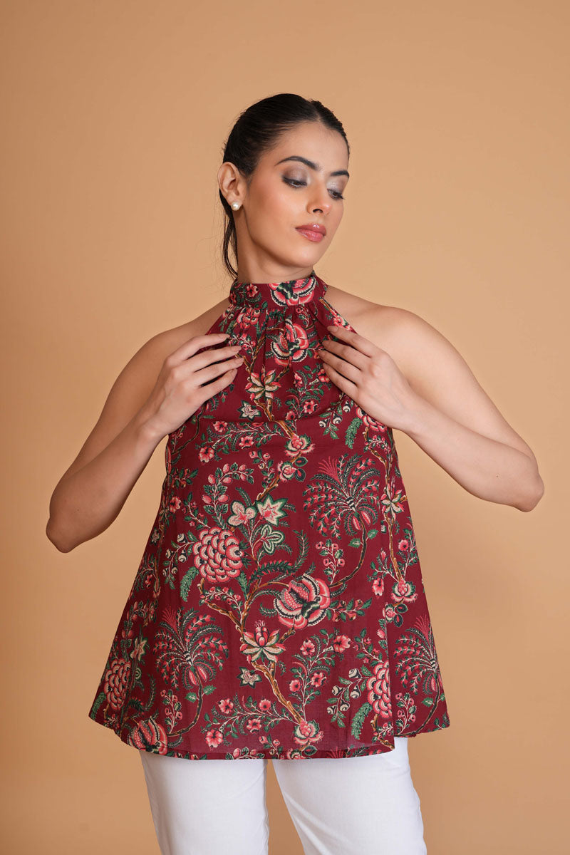 Crimson Floral Halter Top women's tunic in cotton with floral print