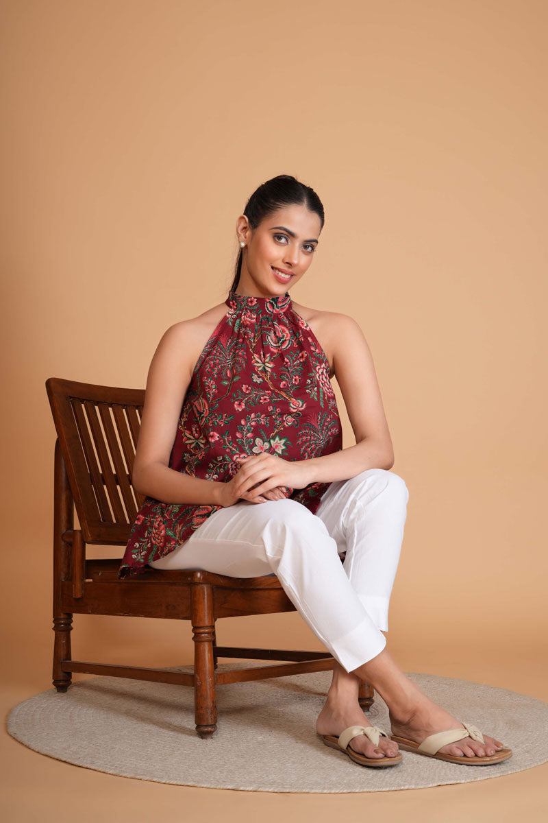 side profile of Crimson Floral Halter Top for office and workwear, women's tunic