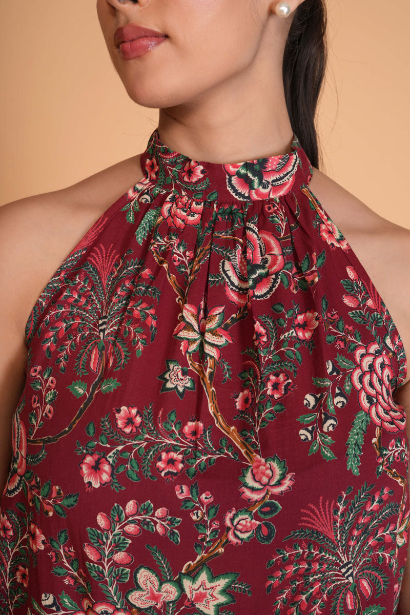 back view of Crimson Floral Halter Top in cotton with floral print, women's tunic