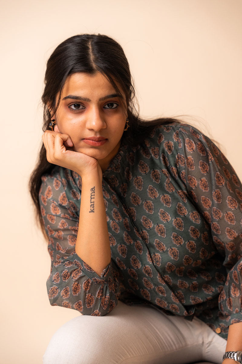 sleeve detail of Green Chanderi Shirt in cotton with paisley print, women's tunic