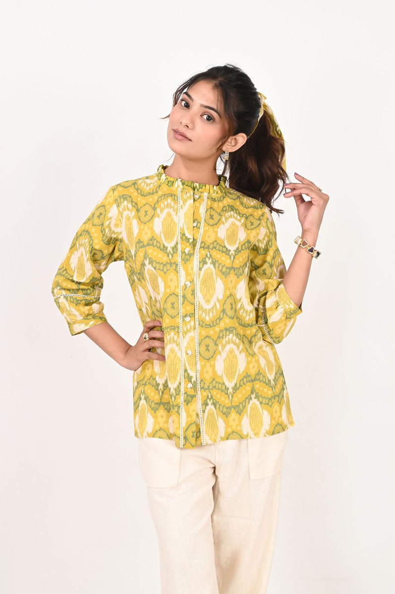 Green Ikat Shirt women's shirt in cotton with floral print