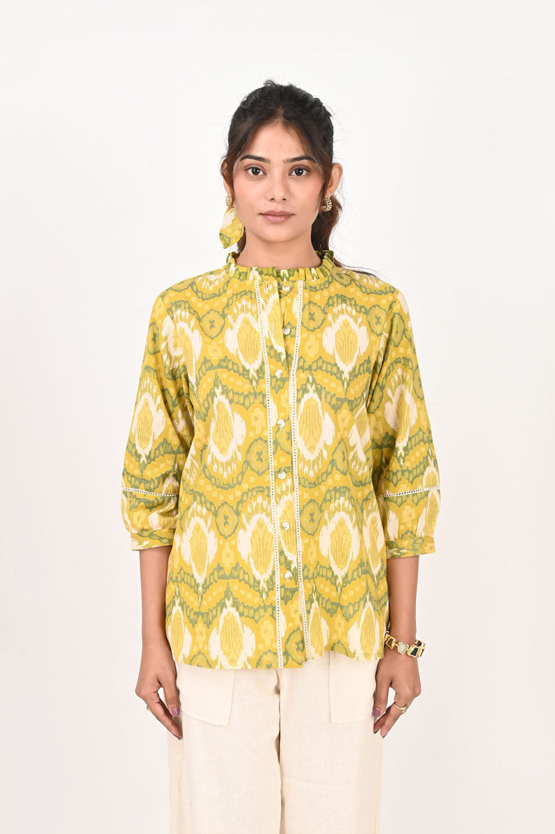 neckline detail of Green Ikat Shirt featuring button-up front for office and workwear, women's shirt