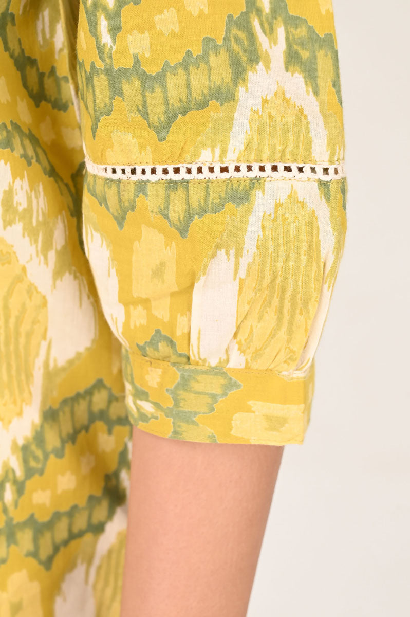 side profile of Green Ikat Shirt featuring button-up front for office and workwear, women's shirt