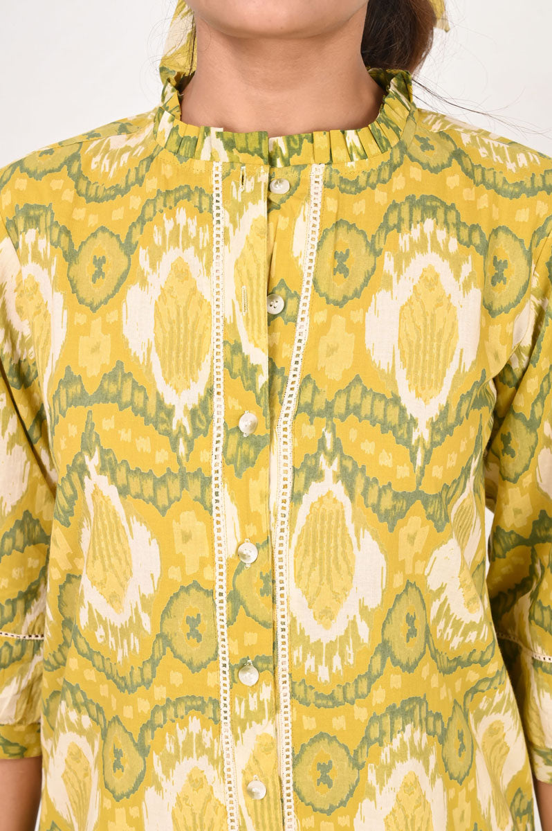 back view of Green Ikat Shirt in cotton with floral print, women's shirt