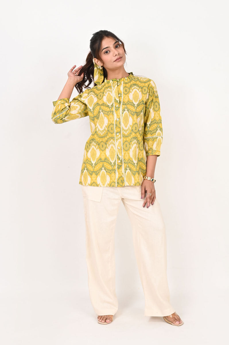 fabric detail of Green Ikat Shirt with other with 3/4 sleeve, women's shirt