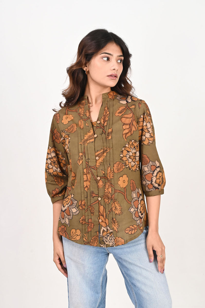 Green Kalamkari Pleated Shirt women's shirt in cotton with floral print