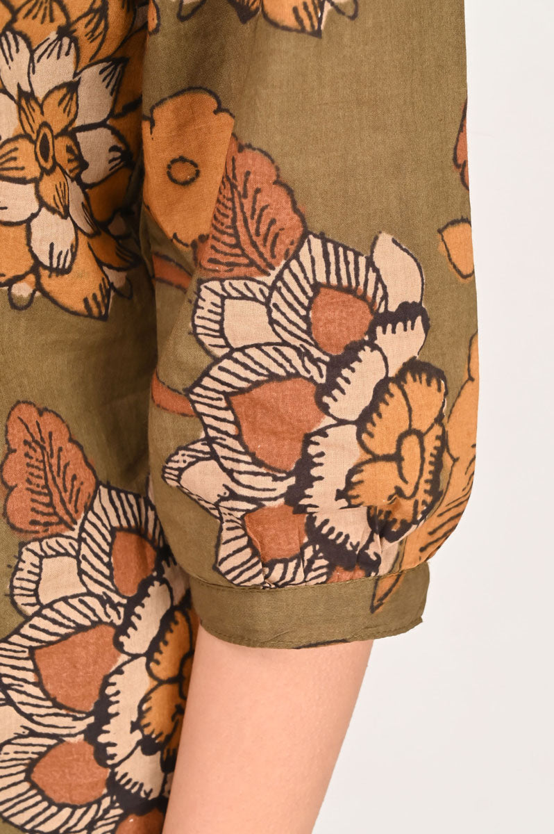 side profile of Green Kalamkari Pleated Shirt featuring button-up front for office and workwear, women's shirt