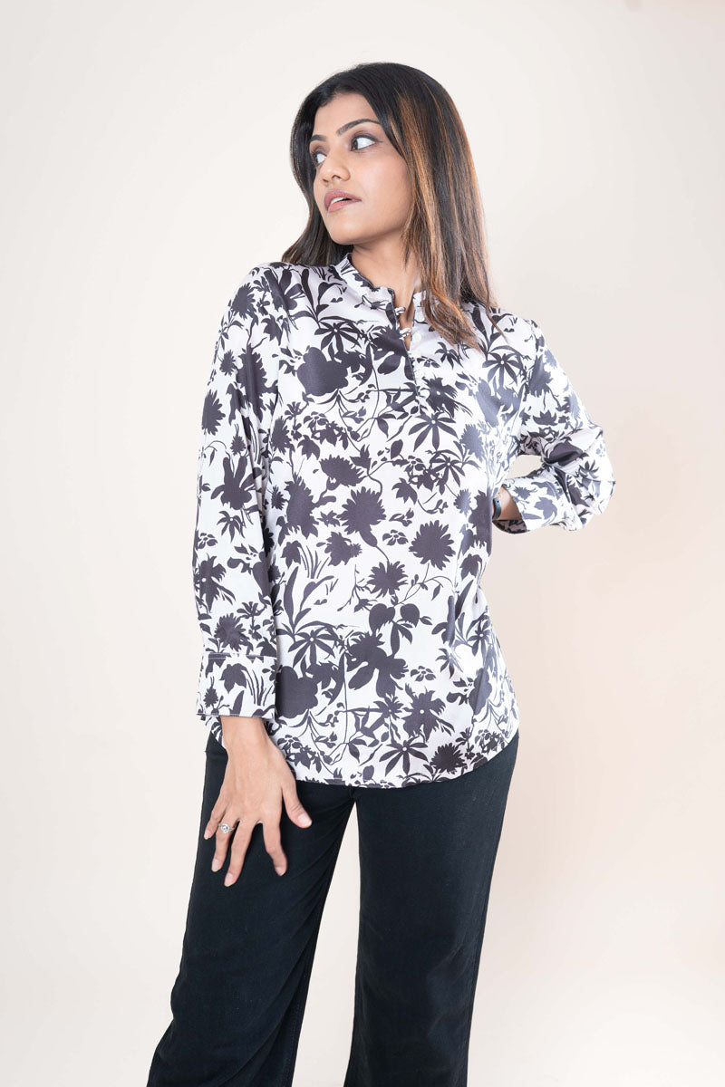 side profile of Ivory & Black Satin Top available in sizes XS to 6XL, women's tunic