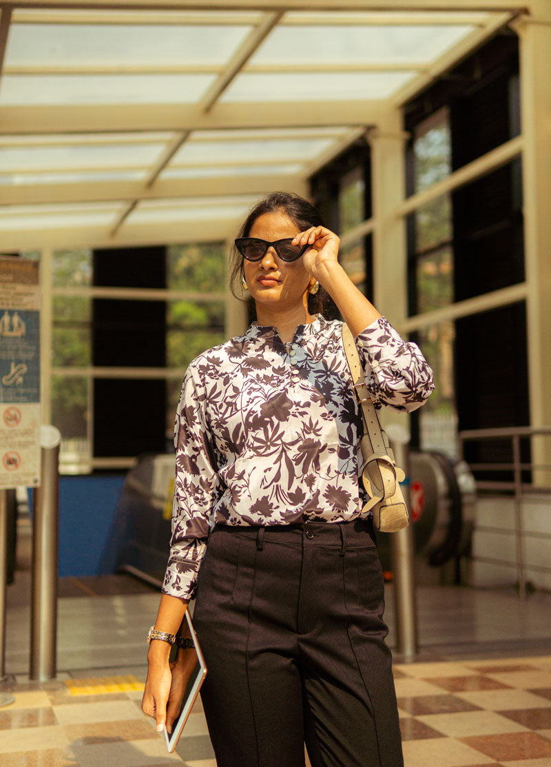 back view of Ivory & Black Satin Top in satin with floral print, women's tunic