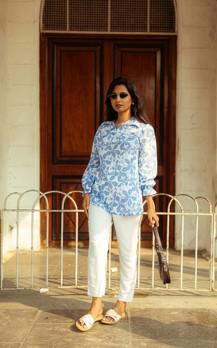 White Blue Satin Shirt