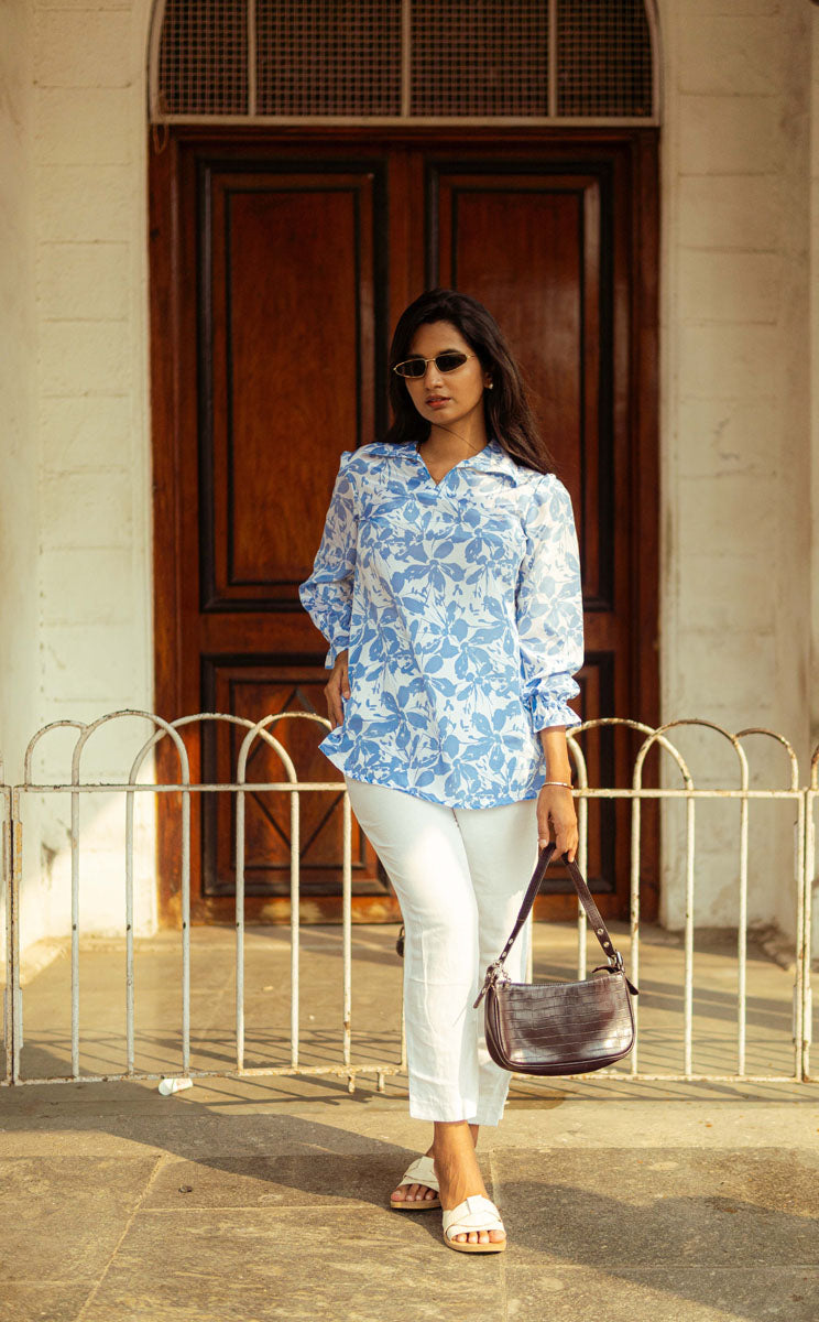 White Blue Satin Shirt