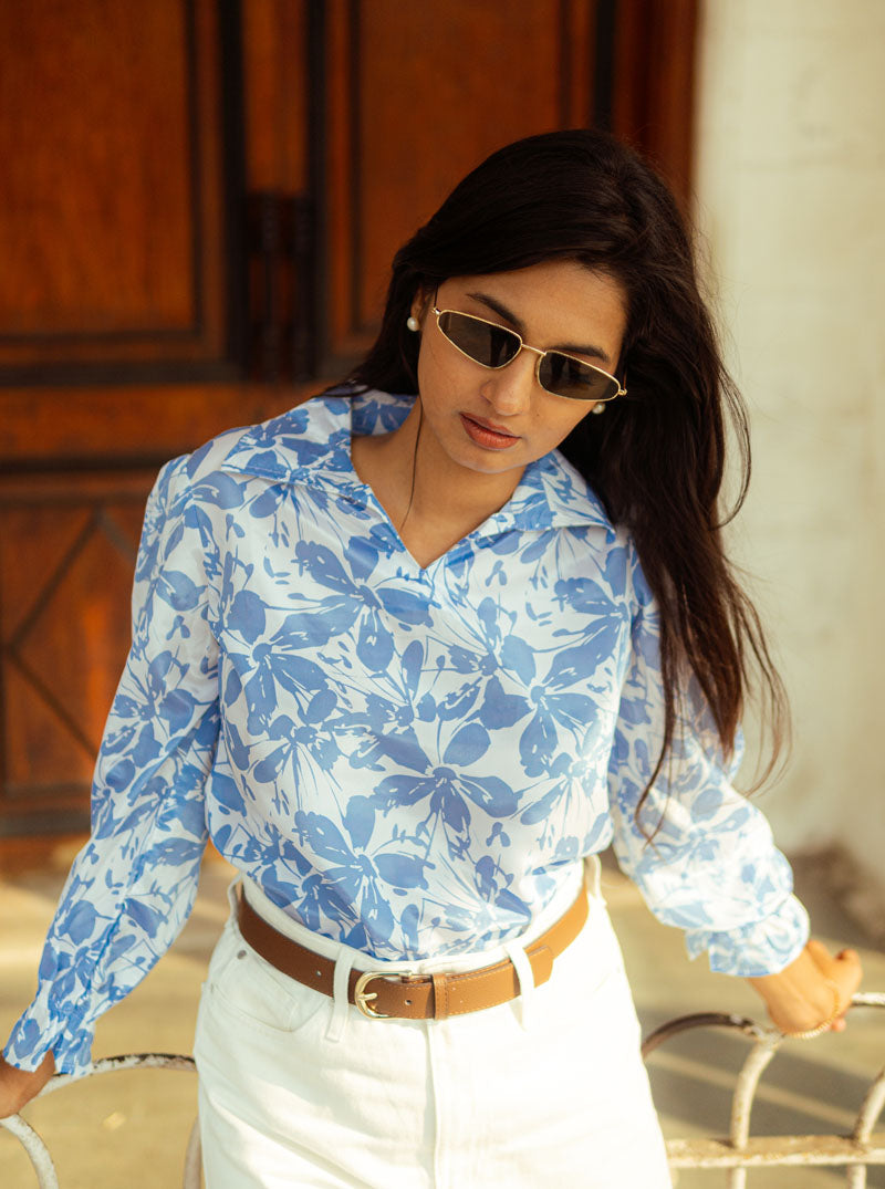 White Blue Satin Shirt for Women, Plus Size XS-6XL