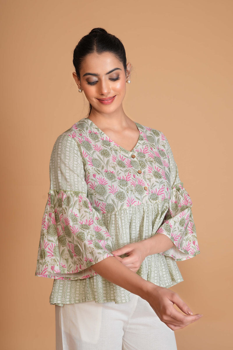 Mint Green Floral Alia Cut Top