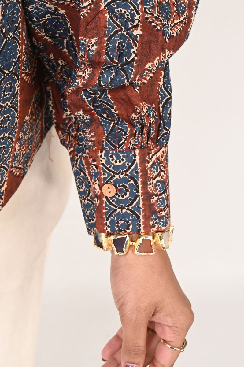 back view of Maroon Printed Neck Tie Shirt in cotton with floral print, women's shirt