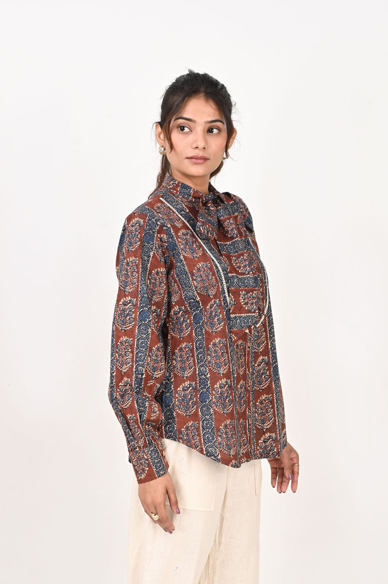 fabric detail of Maroon Printed Neck Tie Shirt with chinese-collar with full sleeve, women's shirt