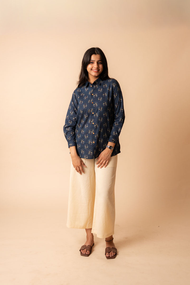 Navy Printed Cotton Shirt