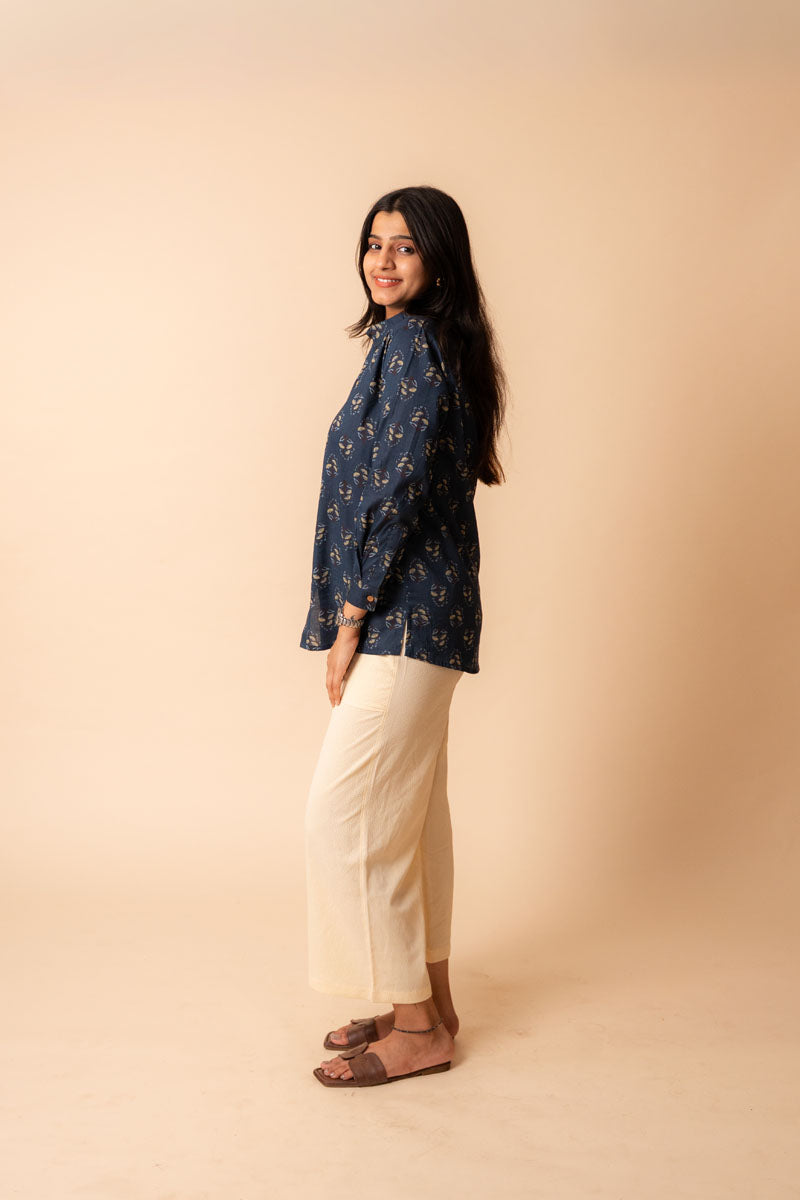 neckline detail of Navy Printed Cotton Shirt with shirt-collar with full sleeve, women's tunic