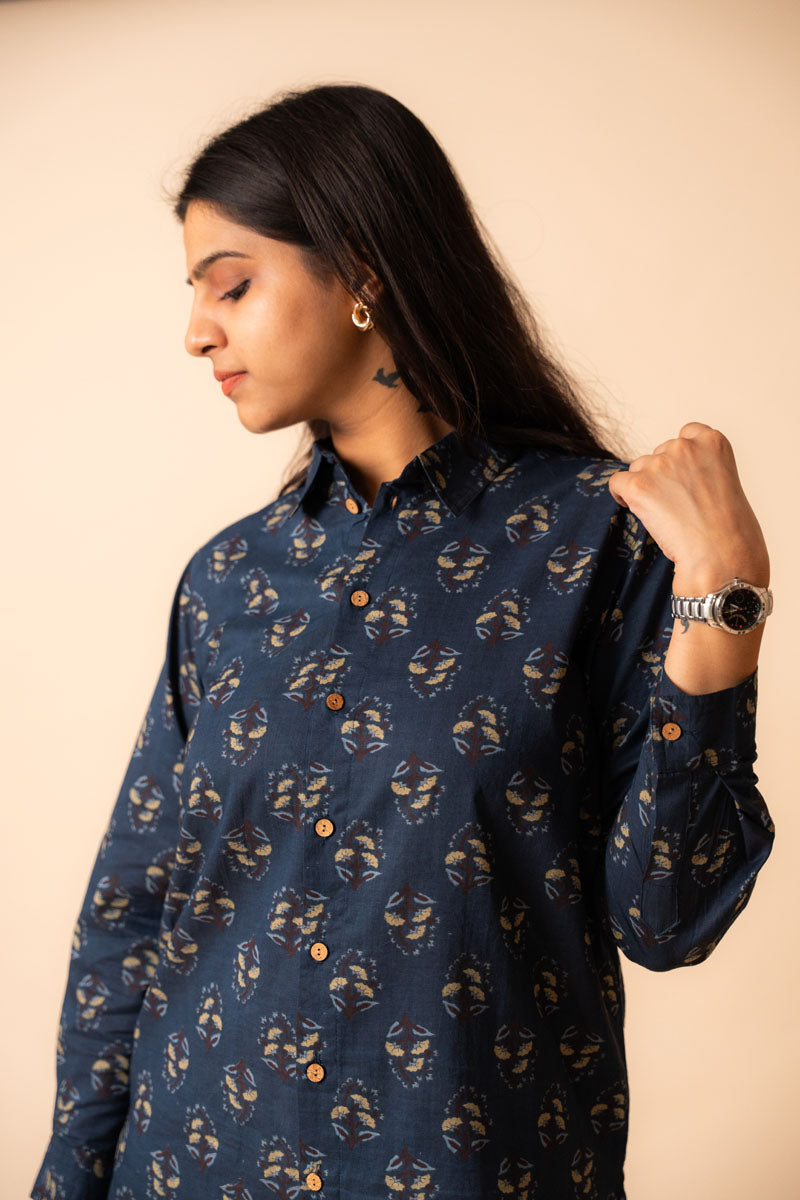Navy Printed Cotton Shirt