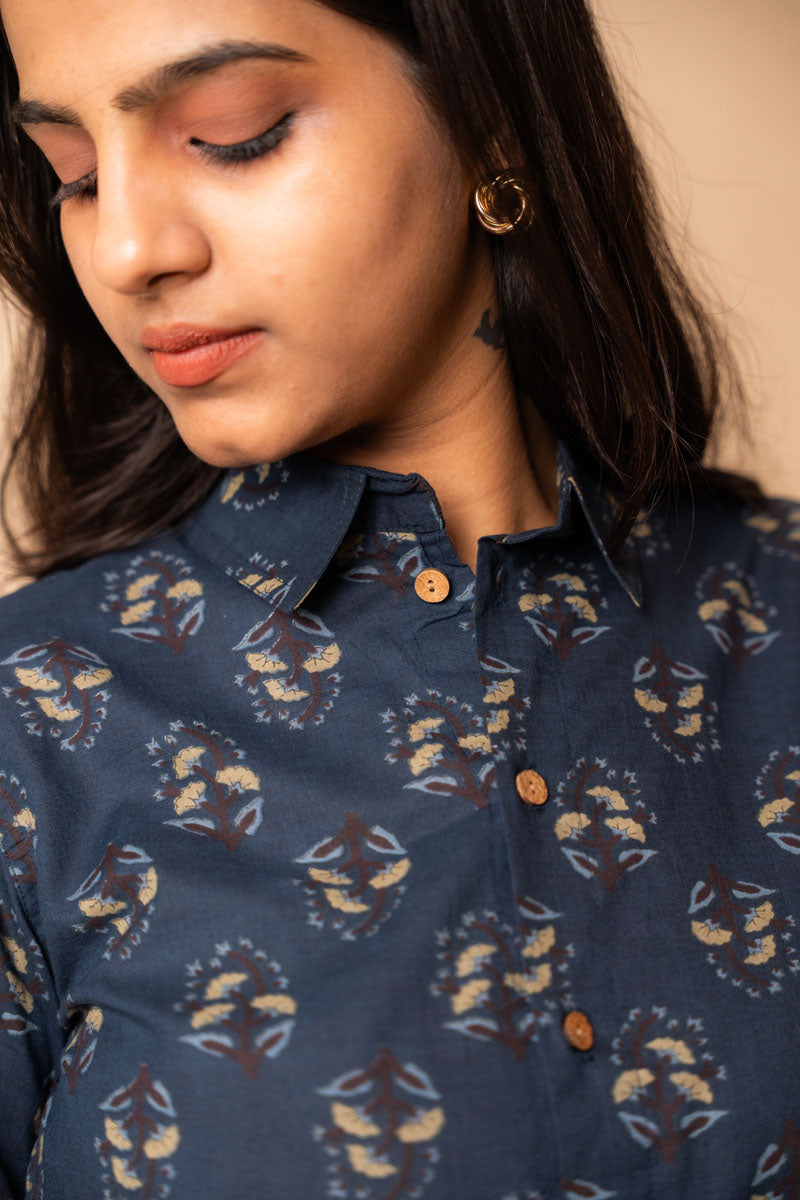 Navy Printed Cotton Shirt